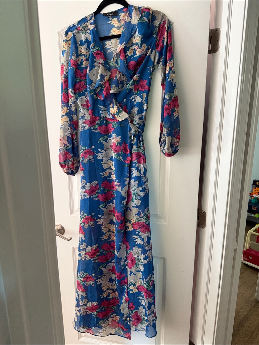 Aakaa Blue Floral Wrap Maxi Dress with Pink & Cream Accents